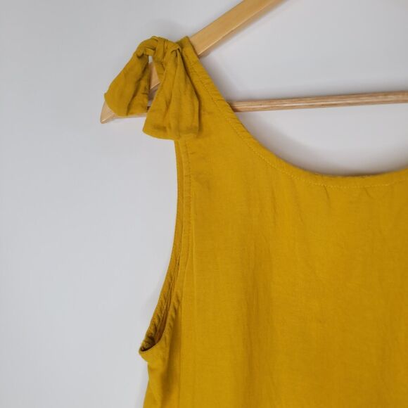 Babydoll Mustard Yellow Top Size M Ruffle Linen Blend Shoulder Bows Sleeveless - Picture 6 of 11